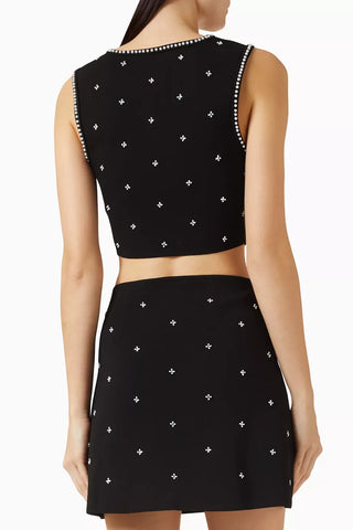 Pearl Accent Knit Two-Piece Set – Sleeveless Crop Top & Mini Skirt