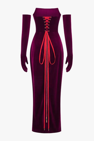 Strapless Velvet Corset long Dress & Long Gloves Set