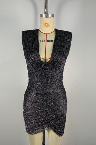 Metallic Draped Cowl Neck Sleeveless Bandage Mini Dress