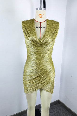 Metallic Draped Cowl Neck Sleeveless Bandage Mini Dress