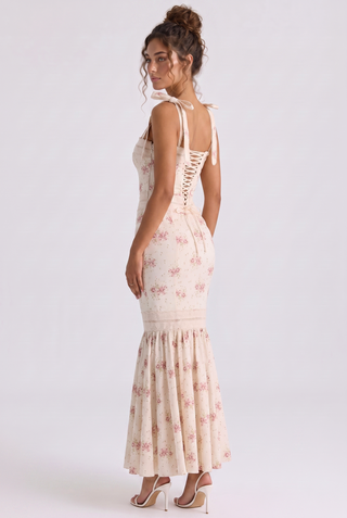 Floral Print Long Dress – Lace Trim, Tie Straps, Defined Waist & Corset Back