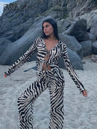 Zebra Print Tie-Front Two Piece Set with Long Sleeve Top & Wide Leg Pants