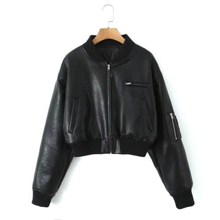 Cropped Faux Leather Bomber Jacket with Zip Detail