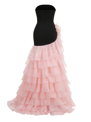 Strapless Fitted Floral Appliqué Ruffle Long Dress