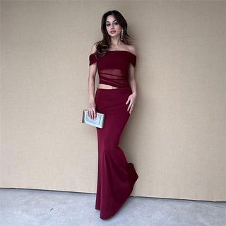 Off-Shoulder Ruched Mesh Cut-Out Long Dress