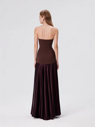 Strapless Sleeveless Structured Bodice Satin Skirt Long Dress