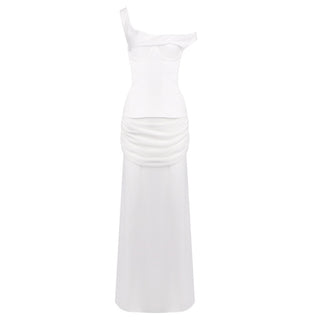 Draped Asymmetric Mesh Long Dress