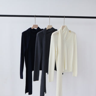 Long Sleeve Knit Top with Attached Scarf Detail and Regular Length