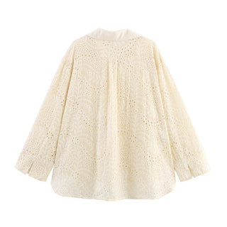 Floral Eyelet Cotton Two-Piece Set – Long Sleeve Shirt & High-Waist Shorts | Breathable Embroidered Lace