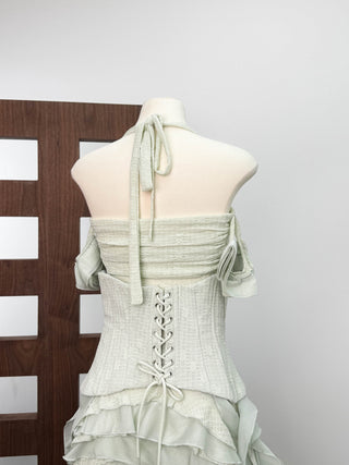 Corset Halter Asymmetric Ruffle Long Dress with Lace-Up Back