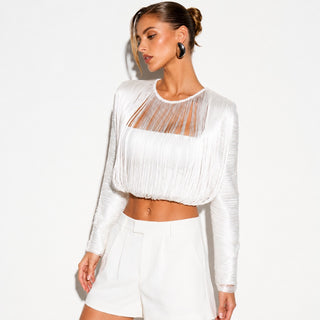 Fringe Long Sleeve Crop Top & High Waist Long Skirt Set