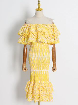 Embroidered Off Shoulder Crop   Ruffled Halfway  Set