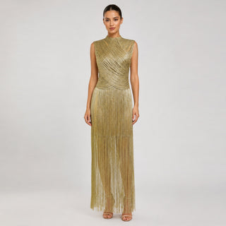 Metallic Fringe High Neck Sleeveless Long Dress