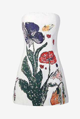 Floral Strapless A-Line Mini Dress with Statement Flower Design