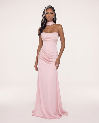 Satin Draped Corset Long Dress with Scarf – Elegant Strapless Design
