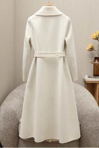 Soft Wool Blend Belted Wrap Long Coat with Wide Collar
