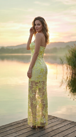 Elegant Strapless Floral Lace Embroidered Long Dress with Sequin Detail