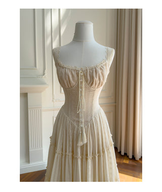 Embroidered Lace Corset Sleeveless Long Dress with Tiered Skirt