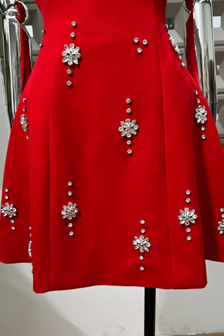 Crystal Embellished Open Back Bow Mini Dress