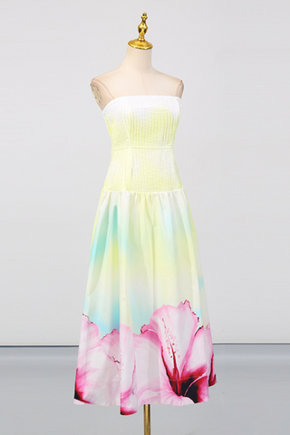 Strapless Pleated Bodice Gradient Long  Dress with Oversized Floral Hem
