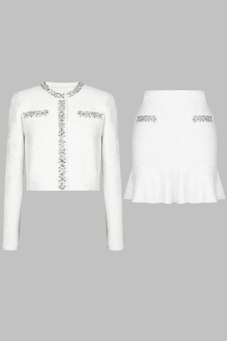 Crystal-Embellished Soft Wool Set – Cropped Jacket and Ruffled Mini Skirt