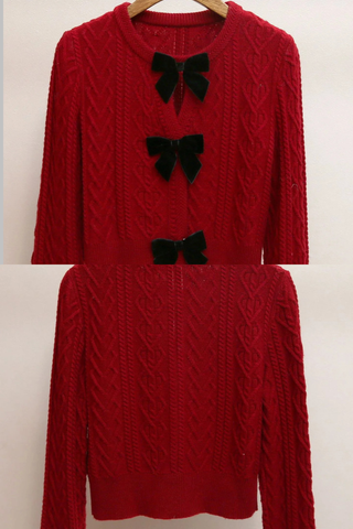 Chic Cable-Knit Sweater with Velvet Bows