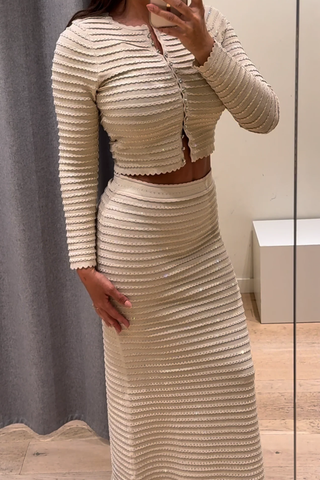 Knitted Two-Piece Set with Rhinestone Detailing – Cardigan & Midi Long Skirt