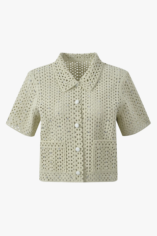 Crochet Button-Up Shirt with Rhinestone Details