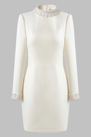 Long Sleeve Mini White Dress with Pearl-Embellished High Neck and Cuffs
