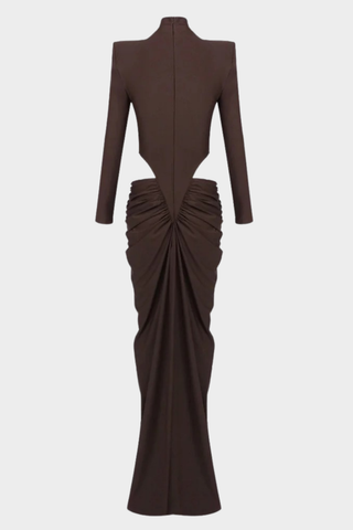 Long Sleeve High-Neck Stretch Long Dress – Side Cut-Out Ruched Design