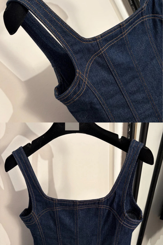 Denim Bubble Mini Dress with Square Neck & Sleeveless Fit
