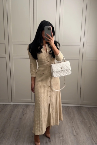 Shimmer Knit Mid-Long Dress with Three-Quarter Sleeves and Front Buttons