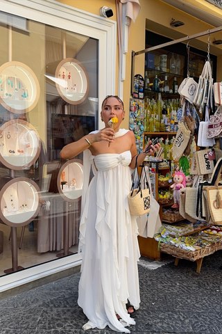 Strapless Ruffle Chiffon Long Dress with Rhinestone Starfish Brooch Backless, Layered Flowing Skirt