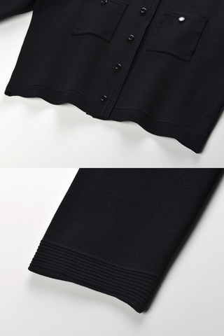 Pearl-Embellished Collar Knit Cardigan – Long Sleeve, Soft Ribbed Material, Cropped Design