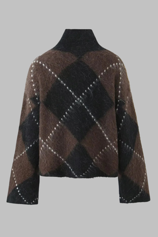 Fuzzy Argyle Knit Set – High-Neck Sweater and Mini Skirt