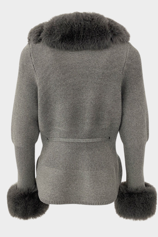 Long Sleeve Knitted Jacket with Faux Fur Trim – Tie-Front Design