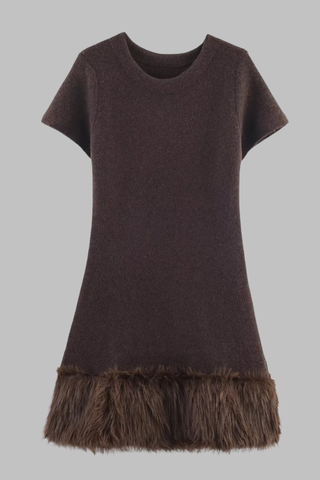 Brown Wool Short Sleeve Mini Dress with Faux Fur Trim