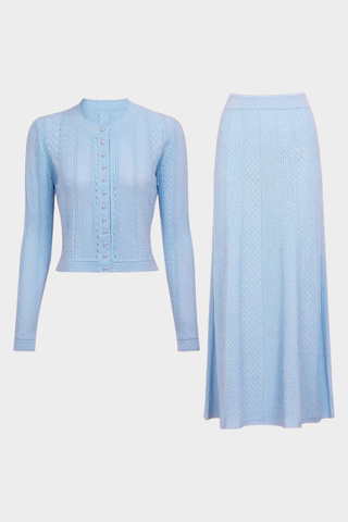 Two-Piece Textured Knit Set – Pearl-Button Cardigan & Flared Maxi Skirt