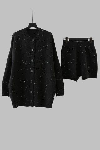 Wool Knit Lounge Set with Sequin Shine – Cardigan and Shorts
