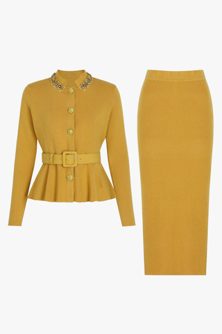 Embellished Collar Knit Top & Midi Skirt Set