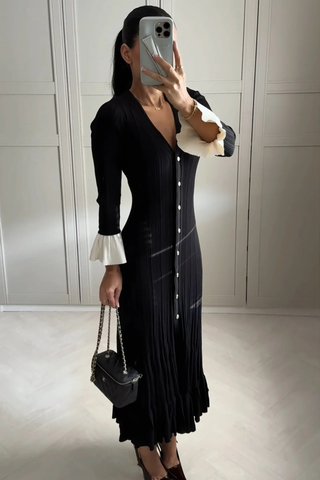 Ribbed Knit Mid-Long Dress with Contrast Pleated Cuffs and Button Front