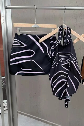 Abstract Swirl Print Satin Halter Top & High-Waisted Mini Skirt Set