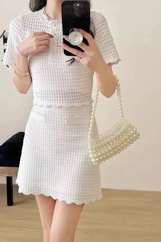 Pearl-Trimmed Textured Knit Two-Piece Set  Cropped Top & A-Line Skirt