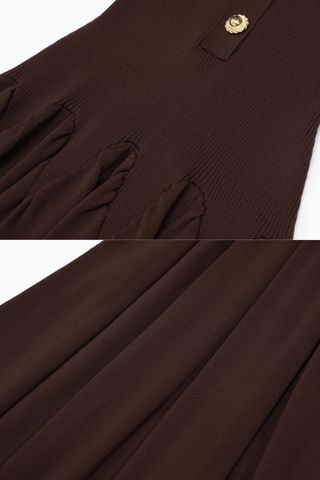 Ribbed Knit Sleeveless Collared V-Neck Long Dress with Gold Buttons & Flared Skirt
