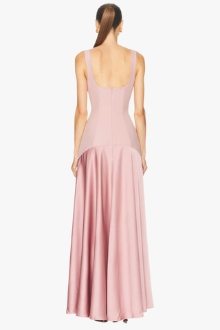 Square Neck Fitted Bodice Long Dress with Flared Satin Skirt