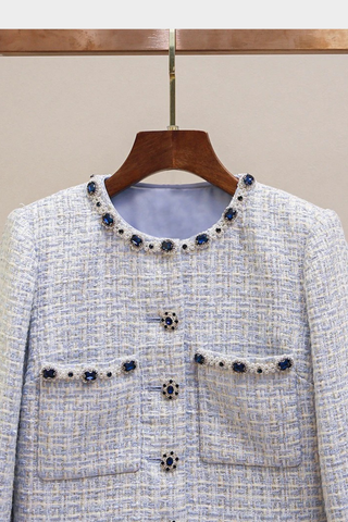 Embellished Collar Tweed Jacket – Long Sleeve, Pearl & Crystal Trim