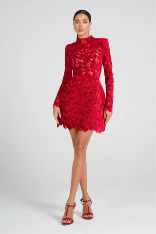 Red Lace Mini Dress – Long Sleeve Floral Embroidery, Scalloped Hem, Belted Waist