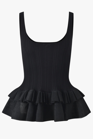 Sleeveless Ribbed Knit Peplum Tank Top with Double Ruffle Hem