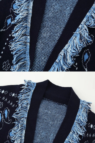 Boho Fringe Knit Cardigan – Jacquard Pattern, Long-Sleeve, Belted Design