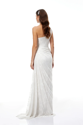 One-Shoulder Lace Long Dress with Sculpted Corset Fit
